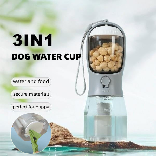 3-in-1 Trinkflasche für Hunde mit Futterfach & Kotbeutelspender – 300 ml