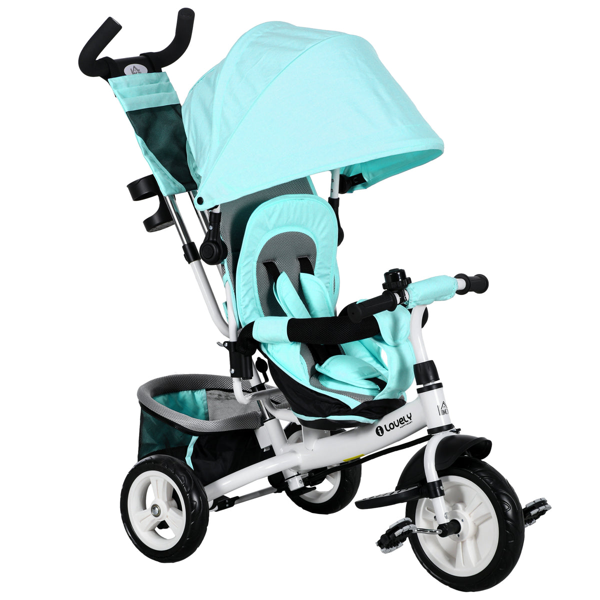 Kinder-Dreirad, Kinderfahrrad, Rückenkorb, Becherhalter, Sonnendach, Metall, Grün