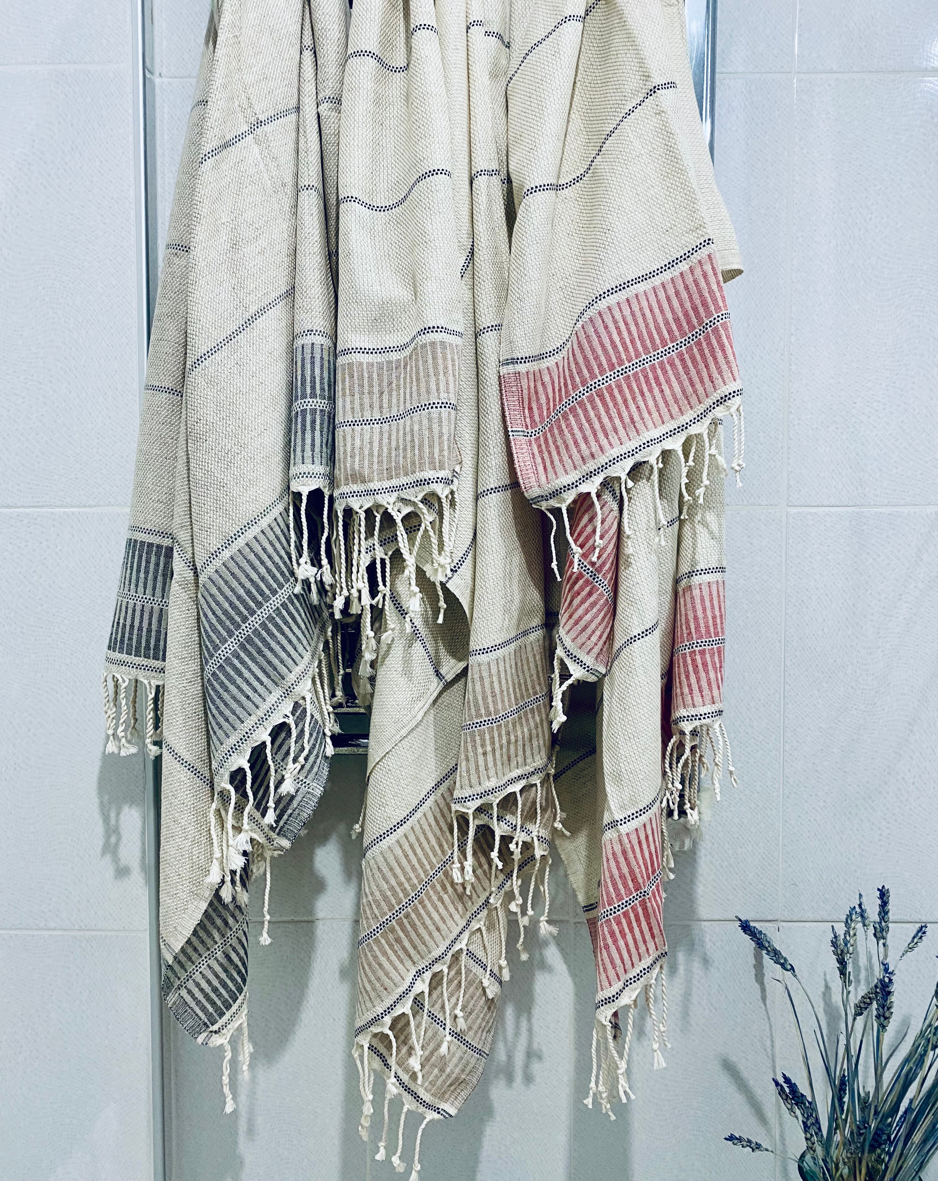 Izmir Hamamtuch aus Baumwolle – Anthrazit, Beige & Bordeaux